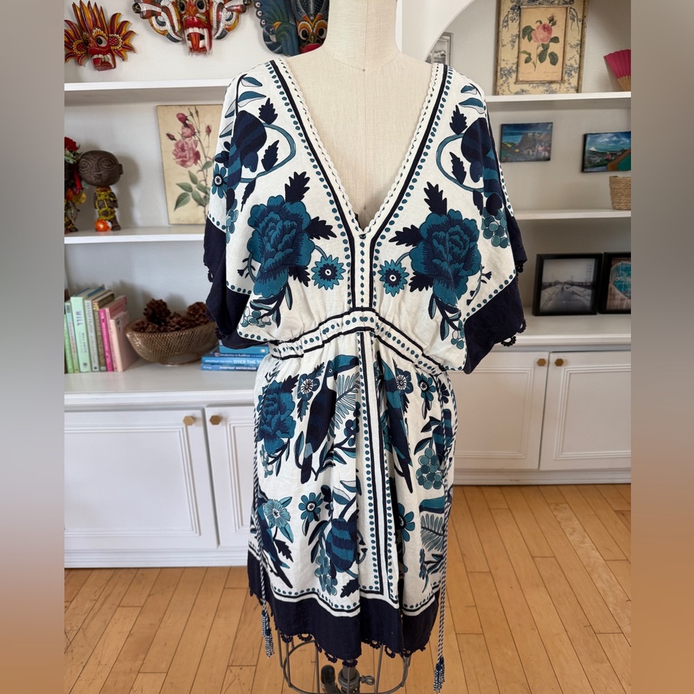 FARM Rio White Dress with Teal & Navy Floral Embroidery - Mini